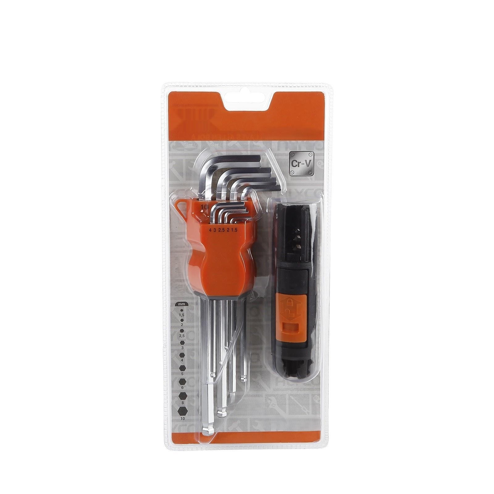 juego de 9 llaves torx largas con acabado inoxidable, ideales para ajustas tornillos en maquinaria y vehículos.