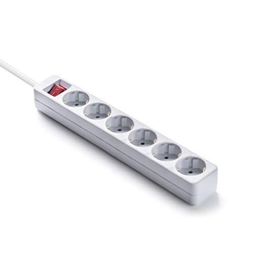 regleta alemana Serie L de 6 vías con interruptor. Ideal para organizar tus dispositivos electrónicos. Longitud de 1,5 m, 3G y cable de 1,5 mm² en elegante blanco y gris.
